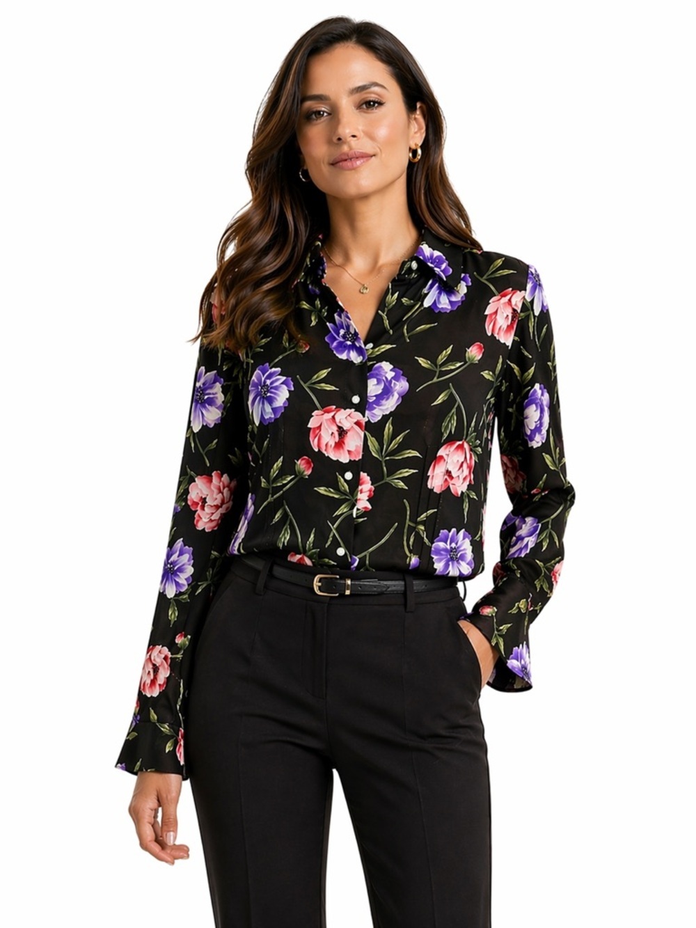 Jones NY Signature 100% Silk Floral Button Up Blouse Medium Black Tailored Fit